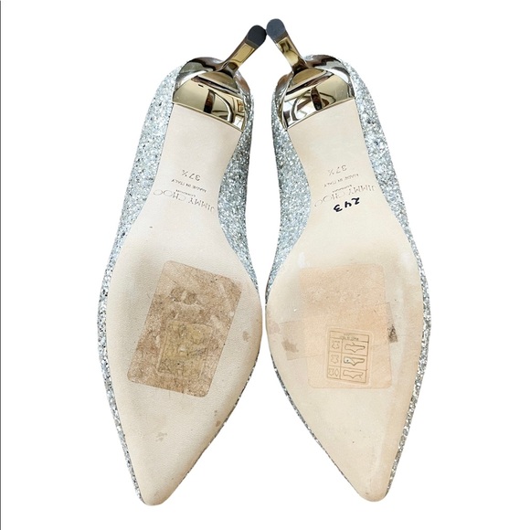 Jimmy Choo Romy 85 Silver Coarse Glitter High Heel Pointed Toe Pumps 37.5 - Picture 8 of 12